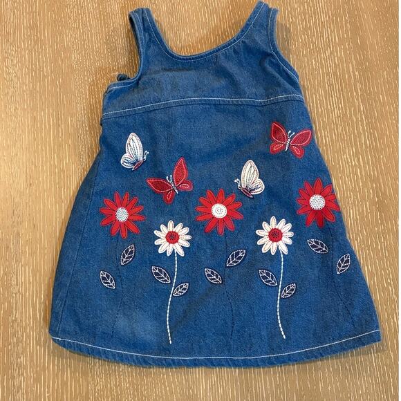 Zoey Denim Sundress Blue Embroidered Flowers Button and Tie Back Butterfly2T - Picture 1 of 3